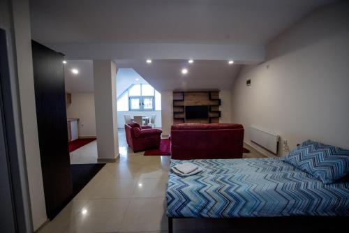 een woonkamer met een bed, een bank en een stoel bij City Center Apartments in Pirot