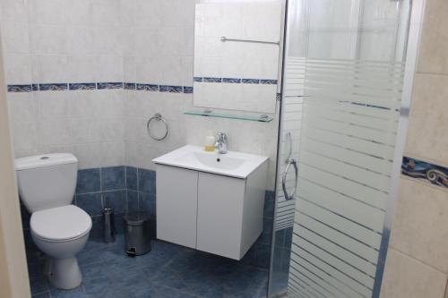 La salle de bains est pourvue de toilettes, d'un lavabo et d'une douche. dans l'établissement 4YOU STUDIOS, à Larnaka