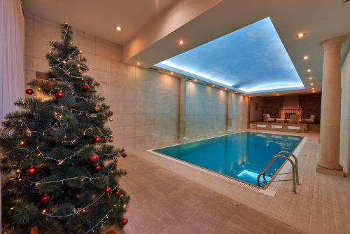 a christmas tree in a bathroom with a swimming pool at Grand Hotel Ukraine in Dnipro