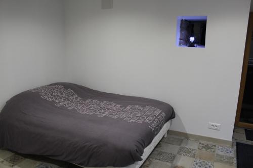 Cama en habitación con pared en Studio de la bourdonnais, en Guitté