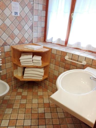 a bathroom with a sink and a counter with towels at Hotel Dal Bracconiere in Folgarida