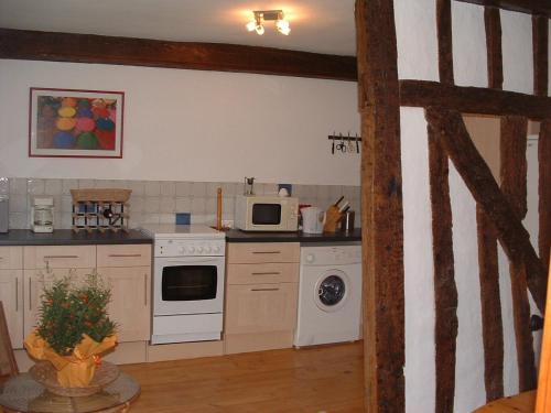 une cuisine avec une cuisinière et un micro-ondes dans l'établissement Quai Peree Apartement, à Saint-Valery-sur-Somme