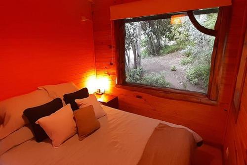 1 dormitorio con 1 cama grande y ventana en Cabaña de montaña en Bosque Nativo en San Carlos de Bariloche