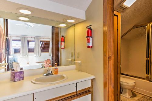 a bathroom with a sink and a toilet and a mirror at Pet-Friendly Beech Mountain Condo Walk to Slopes in Beech Mountain