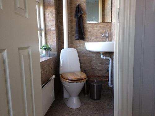 La salle de bains est pourvue de toilettes et d'un lavabo. dans l'établissement Guesthouse Copenhagen Beach, à Copenhague