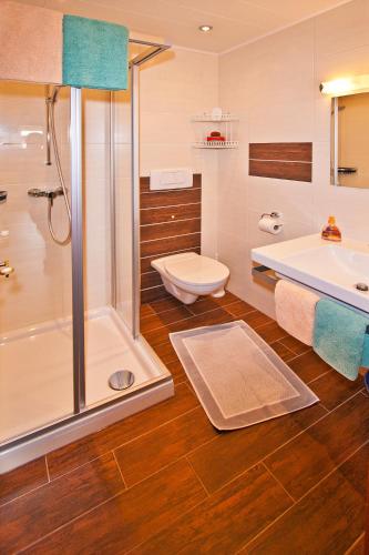 a bathroom with a shower and a toilet and a sink at Ferienwohnungen Appartements Patscheider in Finkenberg