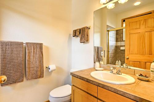 a bathroom with a sink and a toilet and a mirror at 7 Mi to National Park Grand Lake Condo with Deck! in Grand Lake