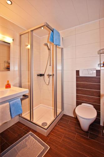 a bathroom with a shower and a toilet at Ferienwohnungen Appartements Patscheider in Finkenberg