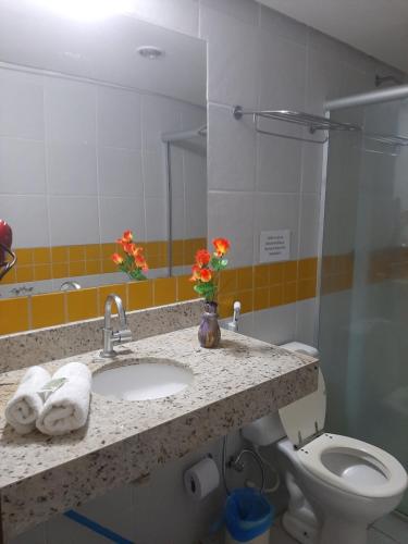 a bathroom with a sink and a toilet and a mirror at Pipa´s Ocean Flat in Pipa