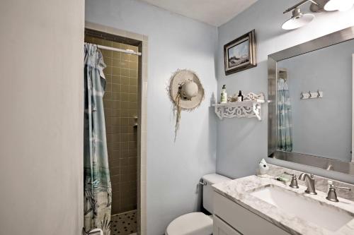 uma casa de banho com um lavatório, um chuveiro e um WC. em St Augustine Resort Condo - Walk to Crescent Beach em Saint Augustine