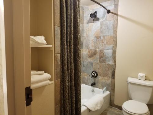 a bathroom with a tub and a toilet and a shower at The Rockwell Inn in Jackson