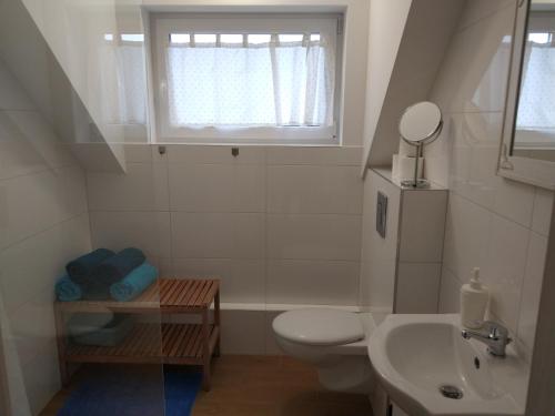 Un baño con inodoro, lavabo y ventana. en Domek w Białej - Bławatek, en Marcinowice