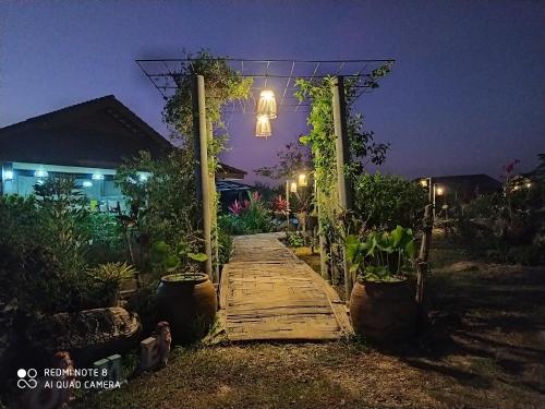 a walkway in a garden at night with a light at Angels Chambres d'hotes in Rong Sak