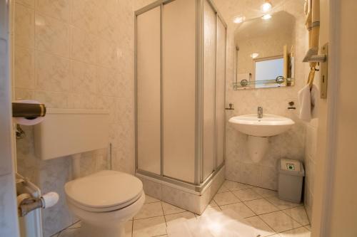 La salle de bains est pourvue de toilettes, d'un lavabo et d'une douche. dans l'établissement Villa Kalman Pansio, à Dunabogdány