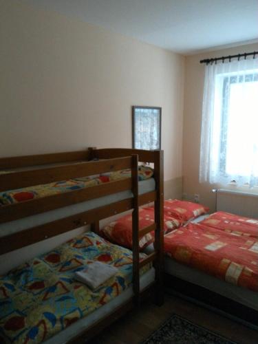 a bedroom with two bunk beds and a window at Apartmány pod Suchým Vrchem in Orličky