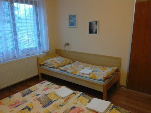 sypialnia z dwoma łóżkami i oknem w obiekcie Apartmány pod Suchým Vrchem w mieście Orličky