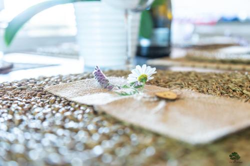 a small flower sitting on top of a counter at Ca' le cerque, villa surrounded by the Marche nature in Fossombrone