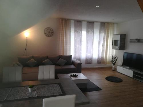 een woonkamer met een bank en een televisie bij Diti Apartment in Lottstetten