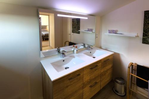 W łazience znajduje się umywalka i lustro. w obiekcie Appartement La Haute Preze & Golffrance w mieście Rouzède