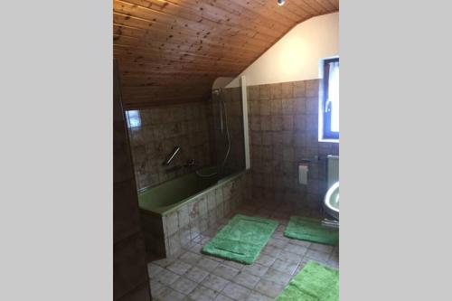 uma casa de banho com uma banheira, um chuveiro e tapetes verdes em Gästehaus Sansibar em Meinerzhagen