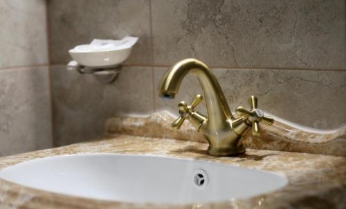 un lavandino in bagno con rubinetto d'oro su un bancone di Pensiunea ELEMAR ad Azuga