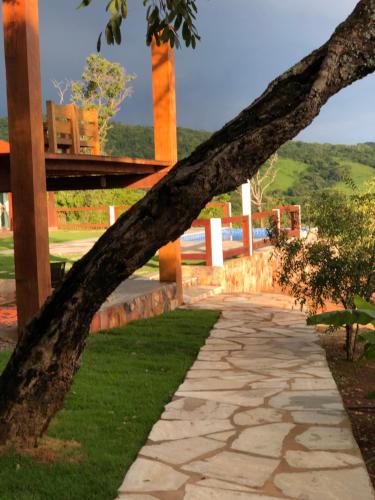 a tree branch in front of a walkway at Pousada Yvanna in Pirenópolis