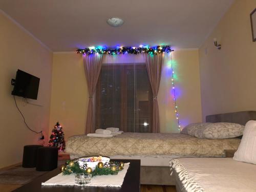 a bedroom with two beds with christmas lights and a window at Apartmani Sredojevic in Kaludjerske Bare