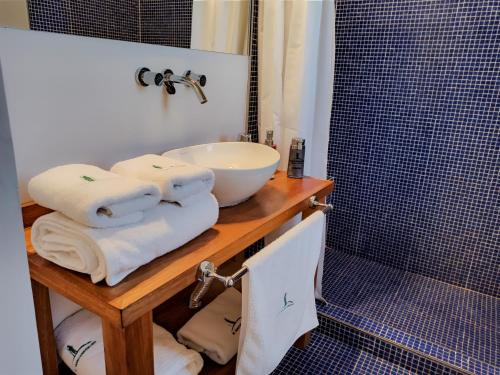 a bathroom with a counter with a sink and towels at El Montenegrino in Tandil