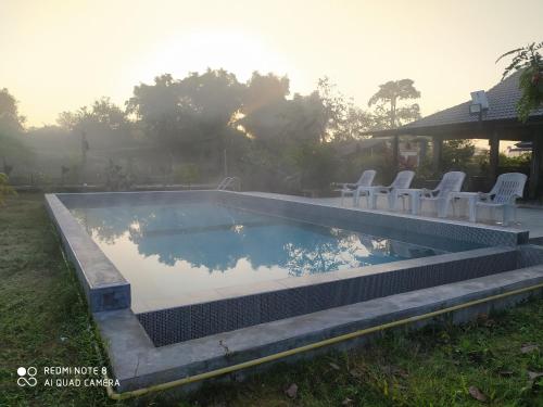 a swimming pool with white chairs around it at Angels Chambres d'hotes in Rong Sak