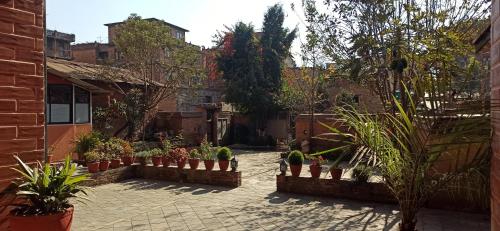 an alley with potted plants in a courtyard at Nag Pukhu Guest House in Bhaktapur