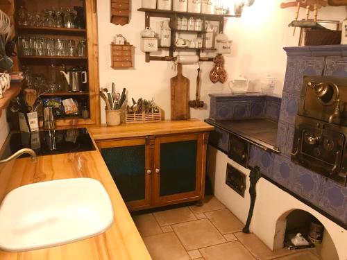 a kitchen with a counter and a stove in a room at Chalupa Pod Skalou I. in Paseky nad Jizerou
