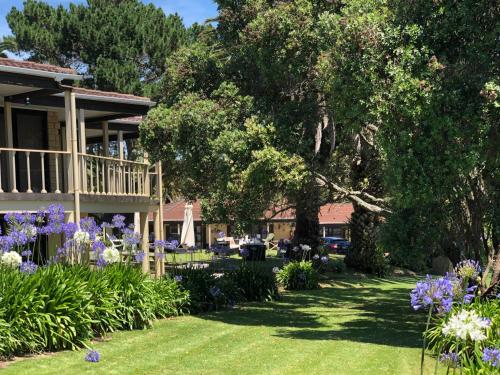 a yard with purple flowers and a house at Half Moon Bay Motel in Auckland