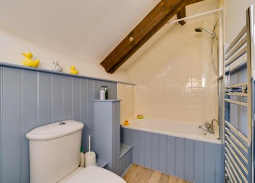 a bathroom with a toilet and a bath tub at Birchill Farm & Cottages - Bramble Cottage in Great Torrington