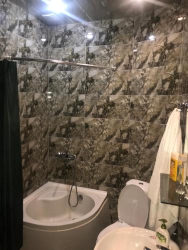 een badkamer met een douche, een toilet en een wastafel bij Snow Plaza Apartments 46 in Bakuriani