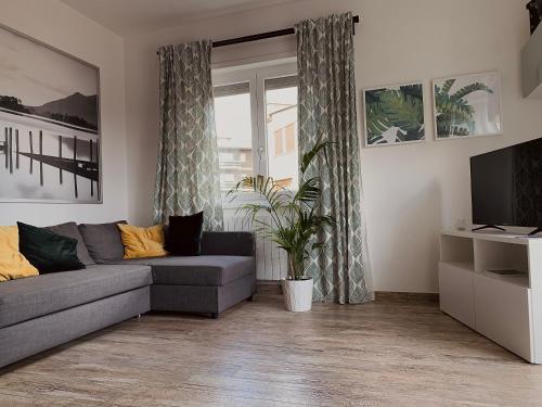uma sala de estar com um sofá e uma televisão em GREEN HOUSE em Roma