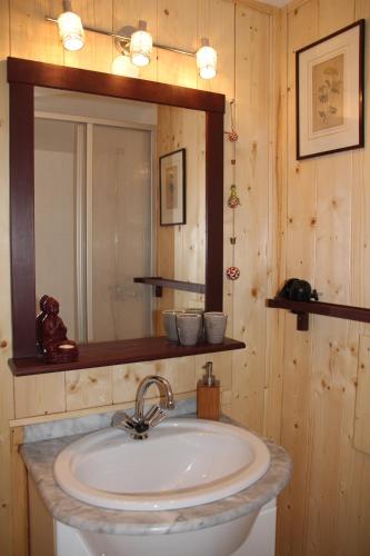 a bathroom with a sink and a mirror at Haus Mauken - Appartments mit Panoramablick in Murau