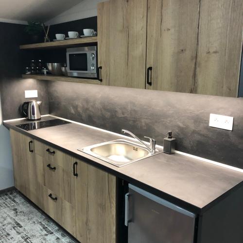 a kitchen with a sink and a microwave at Liptov Mobile House in Liptovský Mikuláš
