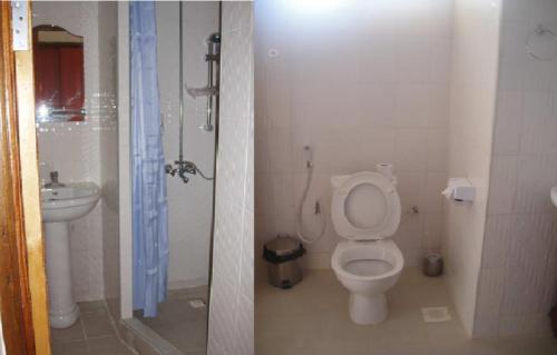 due immagini di un bagno con wc e lavandino di Arc Hotel a Morogoro