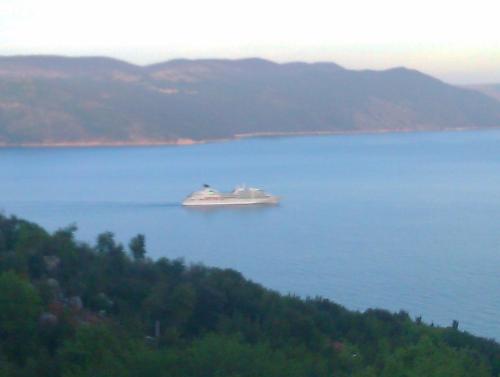 a cruise ship in a large body of water at Apartments Plavčić in Plomin