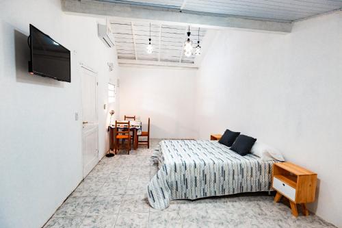a bedroom with a bed and a tv and a table at Steve's House Iguazu Av Cordoba 264 in Puerto Iguazú