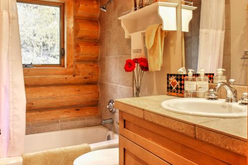 a bathroom with a sink and a toilet and a tub at 7 Mi to Granby Ranch Secluded Cabin with Mtn Views! in Granby