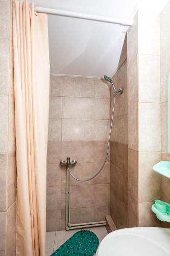 a bathroom with a shower with a shower curtain at Smerekova Hata in Yablunytsya