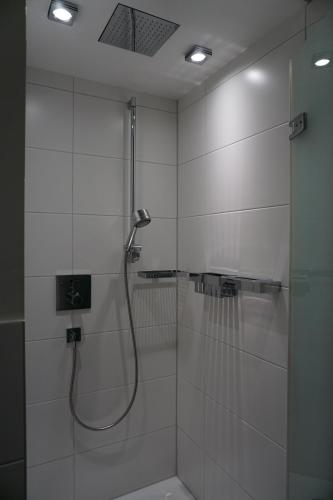 La salle de bains est pourvue d'une douche avec une porte en verre. dans l'établissement Penthouse Burgblick mit Dachterrasse, à Staufen-en-Brisgau