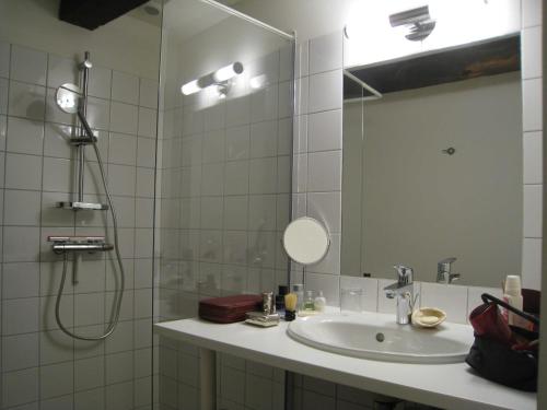 ein Bad mit einem Waschbecken und einem Spiegel in der Unterkunft Bévau - B&B bio 