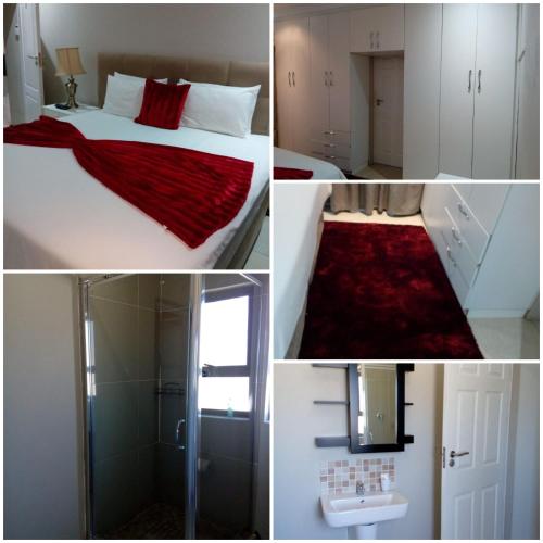 un collage de fotos de un dormitorio con cama y ducha en Shoes guest house 2, en Mthatha