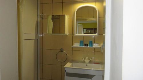a small bathroom with a sink and a refrigerator at Guest House Pavlovic in Soko Banja