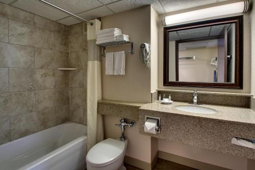 a bathroom with a toilet and a sink and a mirror at EverSpring Inn in Bismarck