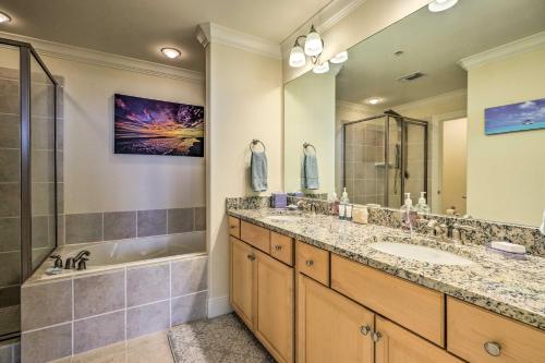 a bathroom with a double sink and a shower at Beachfront Dauphin Island Condo with 2 Pools and Sauna in Dauphin Island