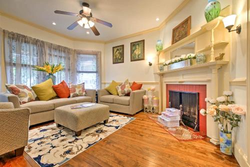 a living room with two couches and a fireplace at Central Bar Harbor Home, Walk to the Shore and Town! in Bar Harbor