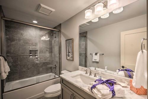 a bathroom with a sink and a toilet and a shower at Brevard Chalet with Stunning Blue Ridge Mtn Views! in Brevard